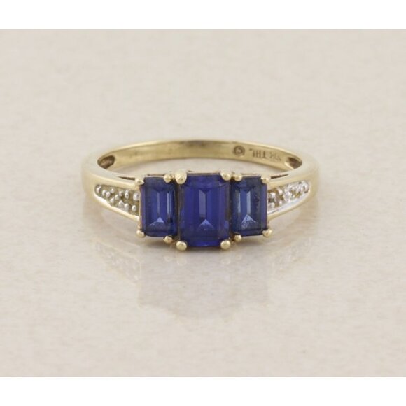 10k Yellow Gold Lab Created Blue Sapphire and Diamond Ring Size 6 3/4 - Picture 1 of 7
